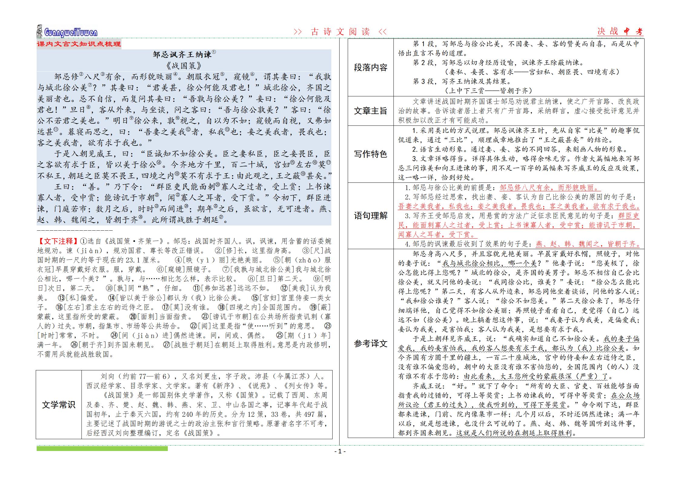 邹忌讽齐王纳谏原文及翻译（原文赏析及注释）