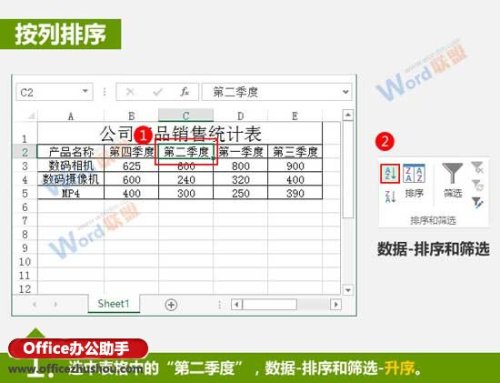 Excel中数据按行和按列排序的方法