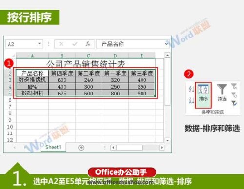 Excel中数据按行和按列排序的方法